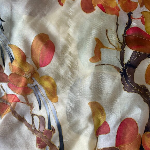 Lovely 100% Silk Scarf Print 34 inches square floral orange yellow but with SNAG - Picture 8 of 8